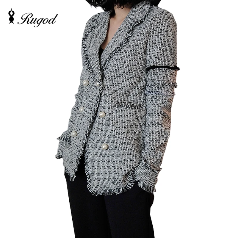 Женский твидовый Блейзер Rugod с жемчужинами элегантный винтажный пиджак бахромой