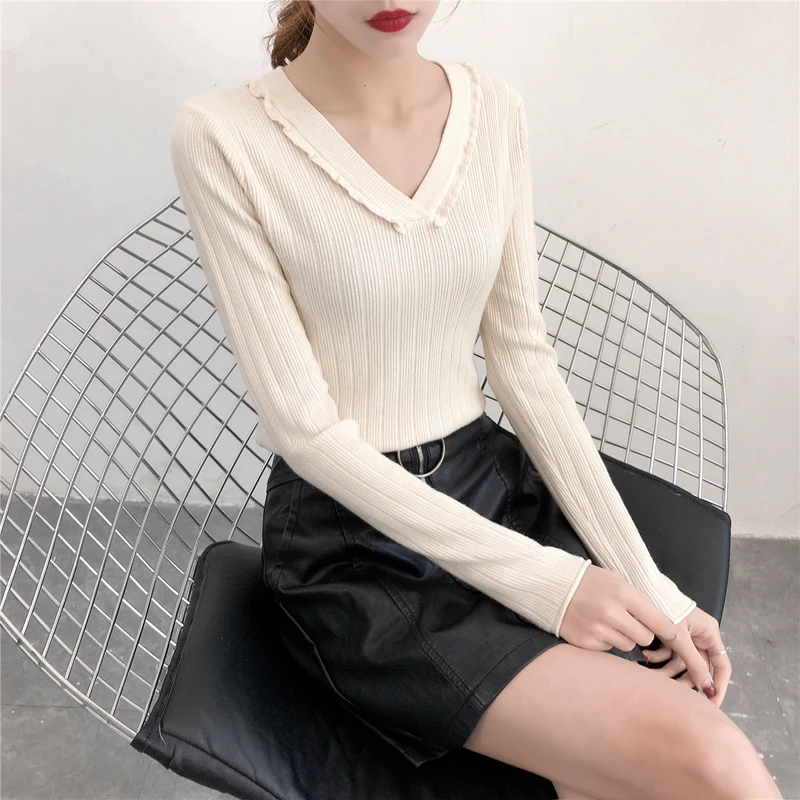 Women Sweaters Knitting Pullovers 2018 New Female V-Neck Long Sleeve Solid Casual Knitted Jumpers Sweater Bottoming Shirt | Женская
