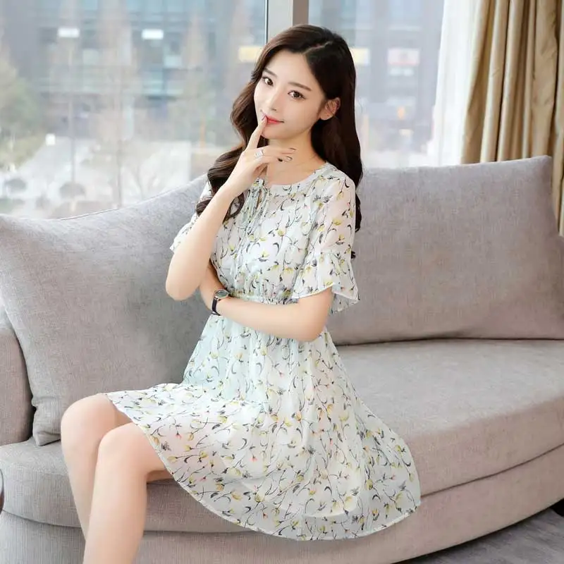 Прямая поставка летнее женское платье с коротким рукавом шифоновое принтом