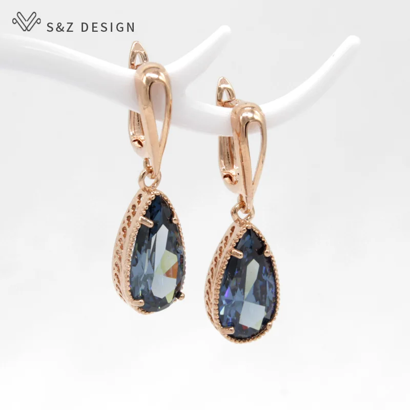 S& Z новые длинные 585 розового золота Цвет капли воды циркония серьги корейский для женщин ювелирные изделия