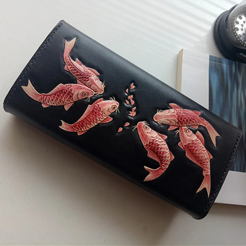 

Handmade carving Red Carp Women Wallets Card Holder Purses Long Clutch Vegetable Tanned Leather Mother's Gift