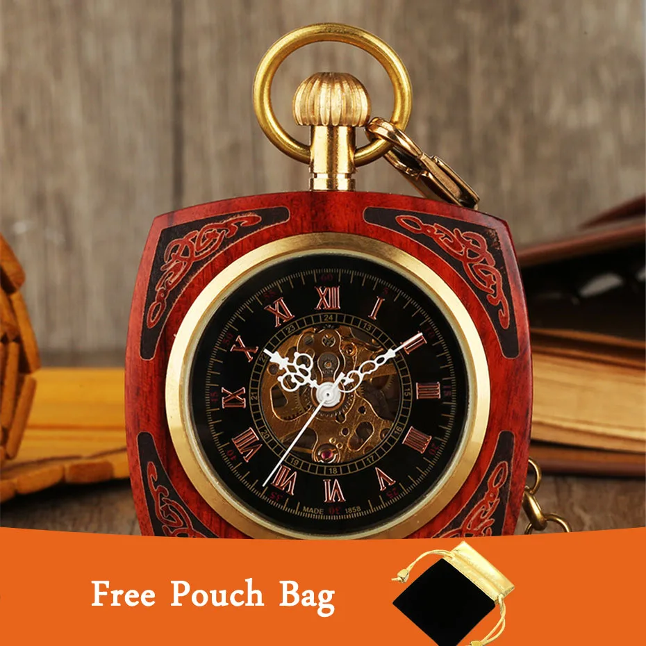 

Square Engraved Real Wood Mechanical Pocket Watch Hand Winding Golden Punk Chain Vintage Pendant Clock with Black Pouch Bag