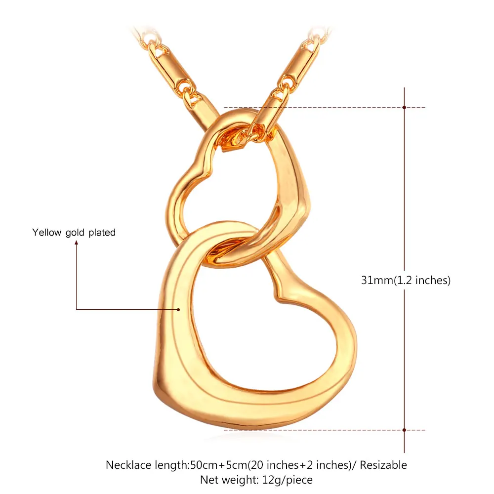 U7 Сердца К Сердцу Подвеска Ожерелье Женщины Позолоченные Двойное Сердце Кулон