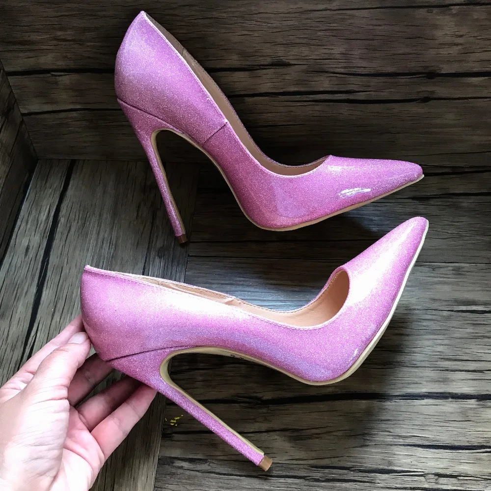 Женская лакированная кожа розовые блестящие туфли с острым носком на высоком