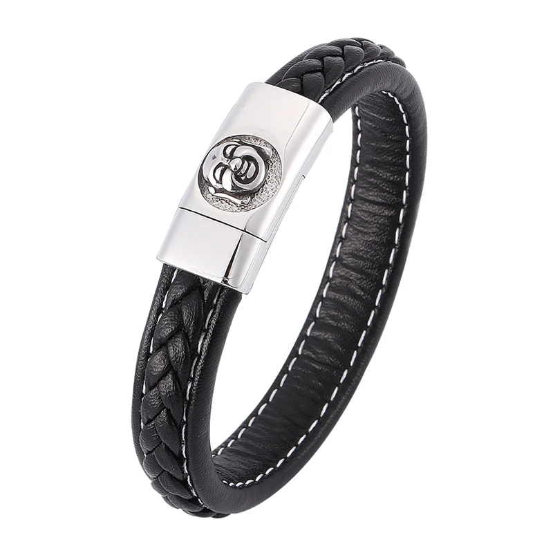 

Laughing Buddha Pattern Black Braided Leather Charm Bracelet for Men Jewelry Trendy Magnetic Steel Buckle Punk Wristband SP0350