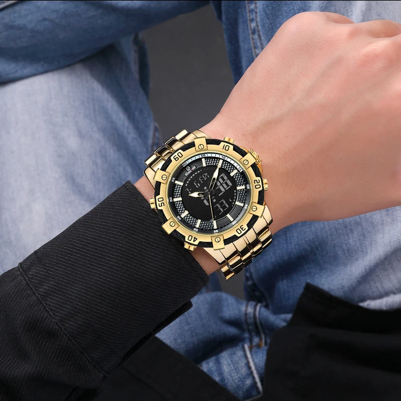 Reloj Hombre GOLDENHOUR золотые мужские часы спортивные водонепроницаемые цифровые