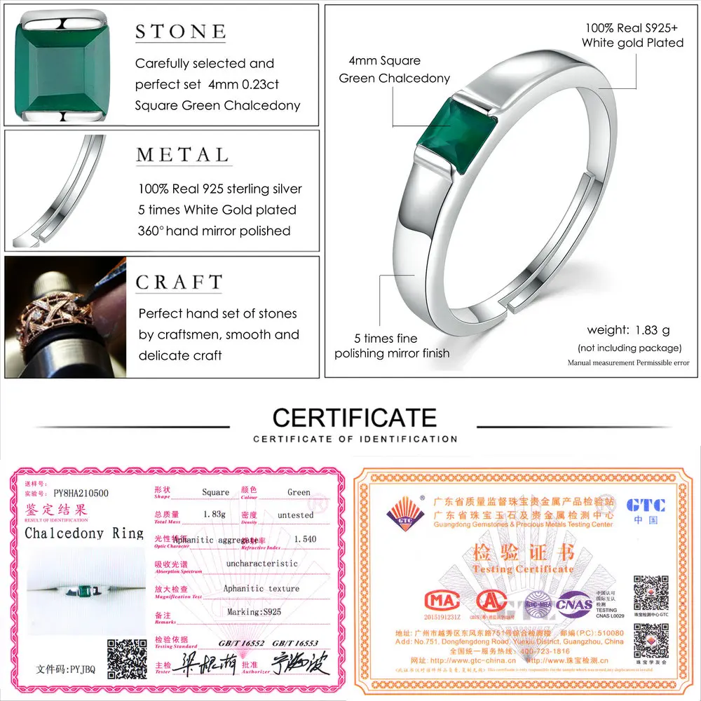 LAMOON Adjustable Pricess cut 4mm 0.23ct Green Agate Chalcedony 925 Sterling Silver Jewelry Wedding Ring S925 LMRI006 | Украшения и