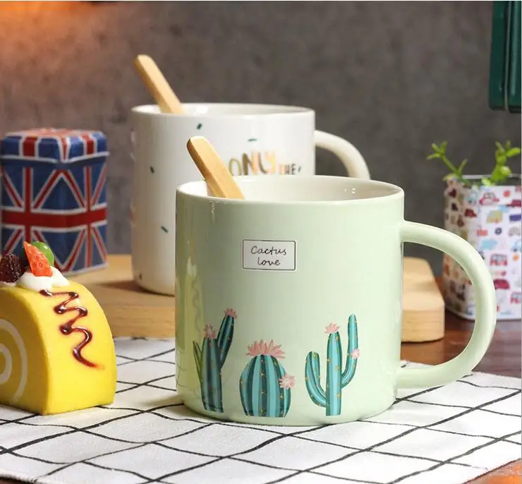 Новая модная керамическая чашка для воды С КАКТУСОМ и ложкой Высококачественная
