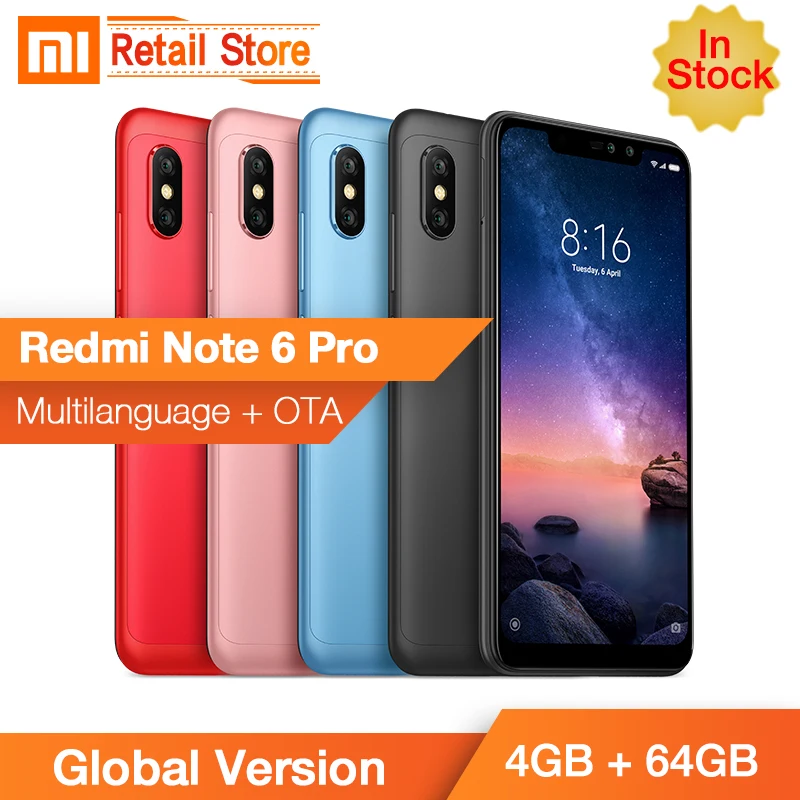 В наличии Глобальный Версия Xiaomi Redmi Note 6 Pro 4 GB 64 Snapdragon 636 Octa Core 26 &quotFull экран телефона