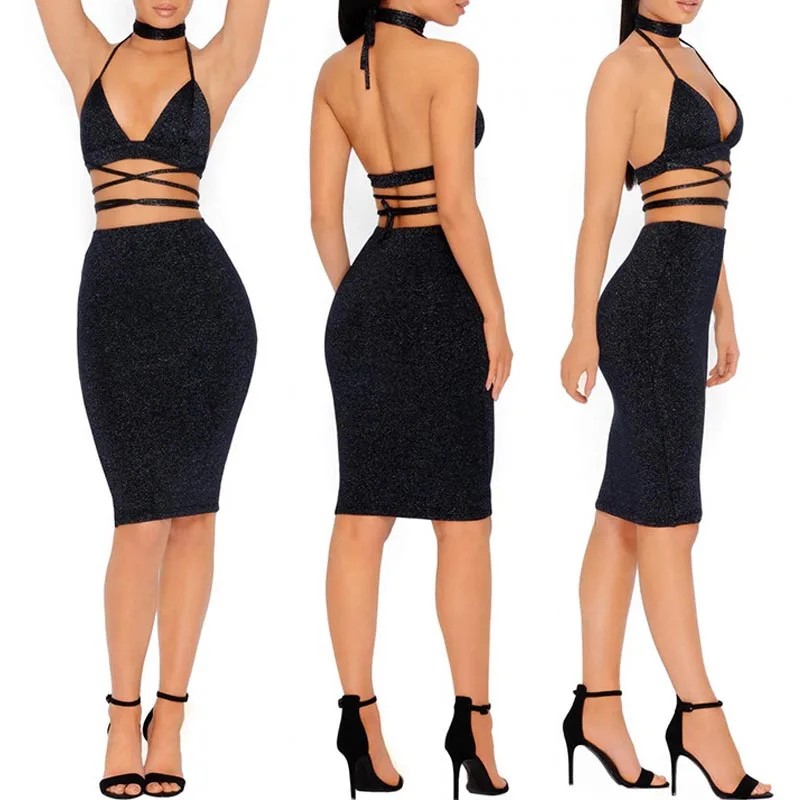 New Hot Sexy Women Bandage Bodycon Halter V-neck Lace Up Crop Top+Skirt Two Piece Set Party Clothes YAA99 | Женская одежда