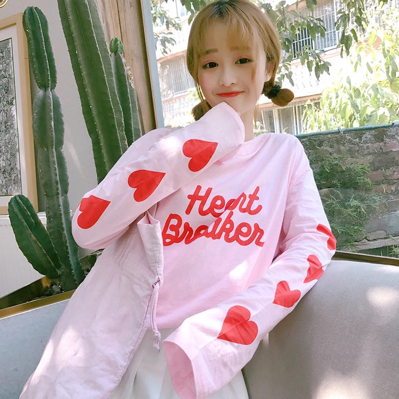 Милые любовное письмо печати Футболка для девочек Harajuku модные хлопковые свободные Для женщин топы с длинным рукавом милый розовый Для женщин пуловер T рубашка