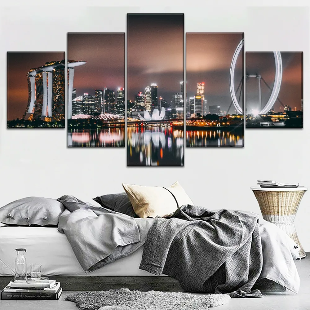 Canvas Painting Home Decor 4 Piece Singapore Night Skyscrapers Buildings Poster Prints River Shore Reflection Pictures Wall Art | Дом и сад