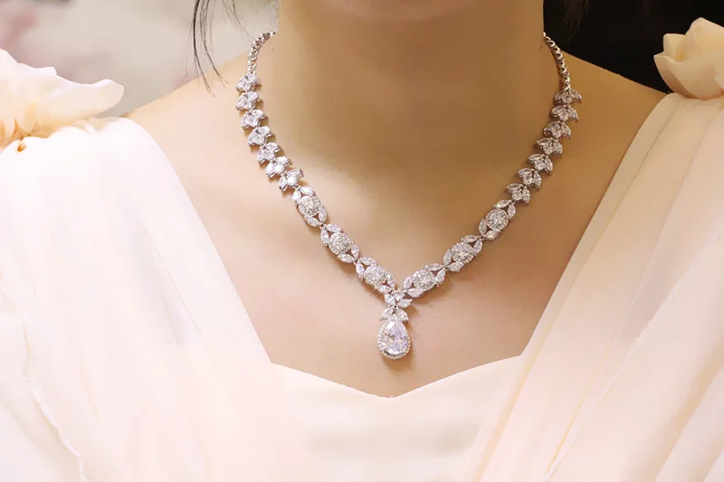 M&ampW JEWELRY Classic Water Drop Shaped White AAA+ Cubic Zirconia Jewelry Sets For Women Earrings/Pendant/Necklace | Украшения и