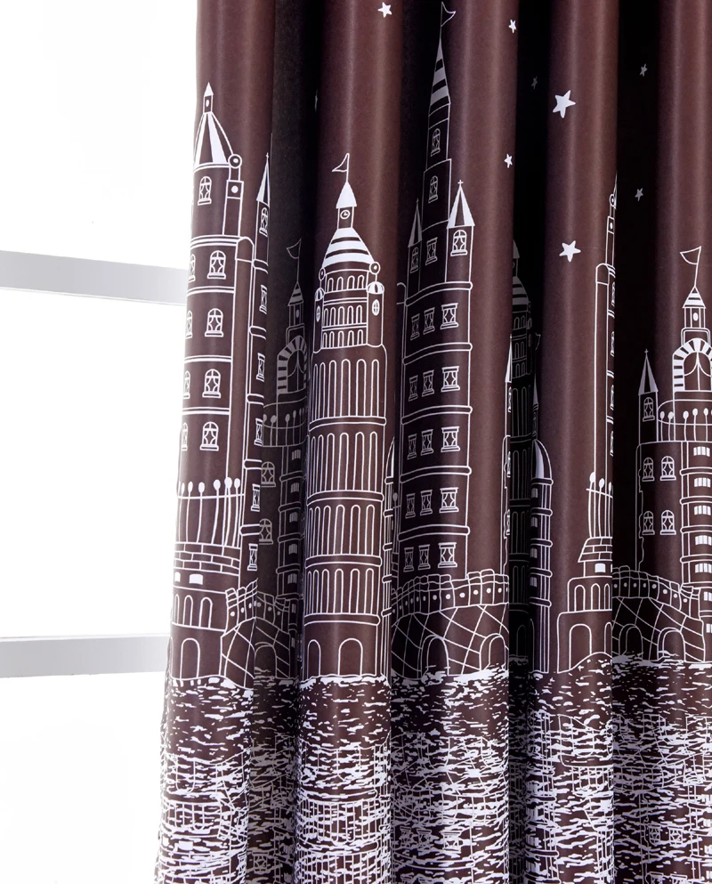 Modern Printed Castle Coffee Color Blackout Curtain For Kids Boys Bedroom Navy Blue Short Curtain Kitchen Window Drapes PC009D3