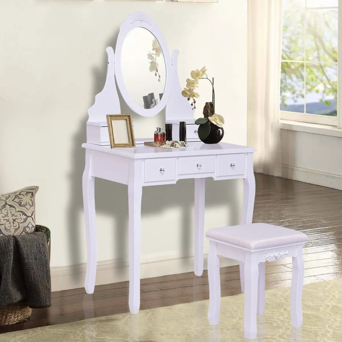 

Giantex White Vanity Jewelry Wooden Makeup Dressing Table Set with Stool Mirror & 5 Drawers Modern Bedroom Dressers HW55564