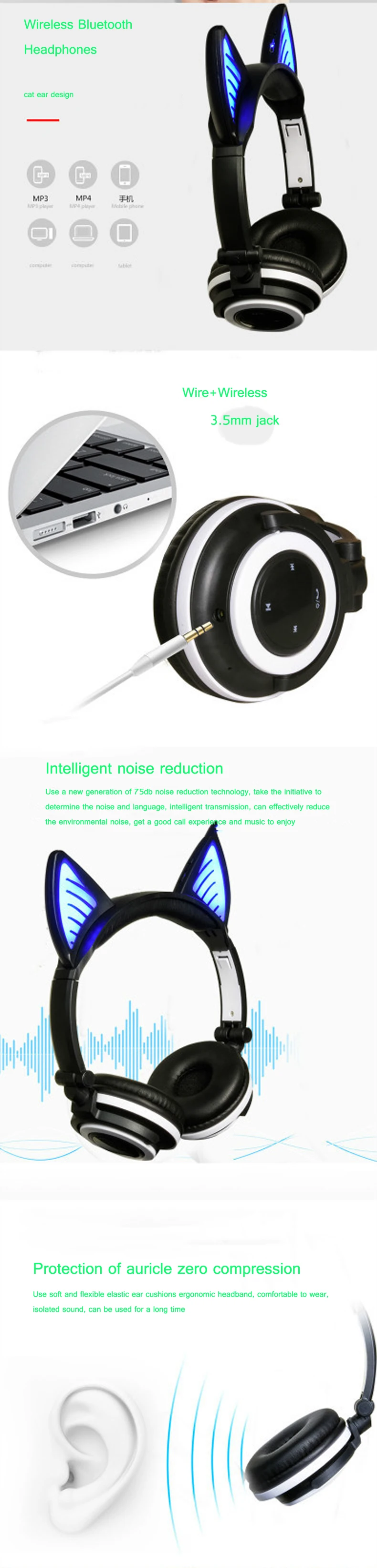 Милый мультфильм беспроводной Bluetooth кошачьими ушками наушники микрофон светодиодный световой складной перезаряжаемые игровая гарнитура