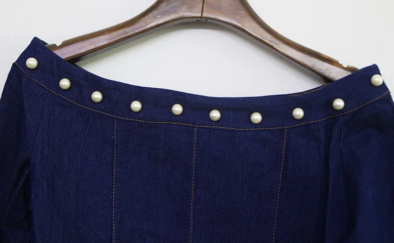 Женский джинсовый комплект ALPHALMODA с бисером блузка + широкие штаны до середины