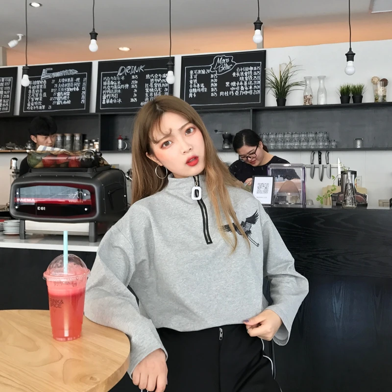 Новая Базовая рубашка Топ Весенняя Корейская Ulzzang Harajuku винтажная вышивка журавлей футболка с длинным рукавом женская футболка на молнии