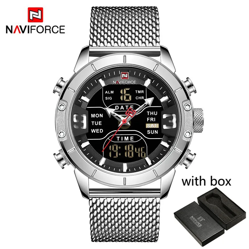NA915305 with box Мужские часы от ведущего бренда NAVIFORCE, мужские модные спортивные часы, мужские водонепроницаемые кварцевые цифровые светодиодные часы, мужские наручные часы в стиле милитари 9153 - Цвет: NA915305 with box