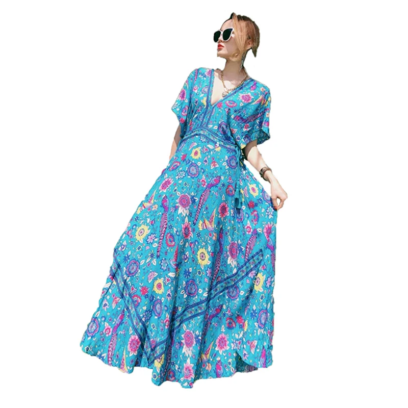 Женское платье с v-образным вырезом Boho зеленое Хлопковое принтом павлина синее