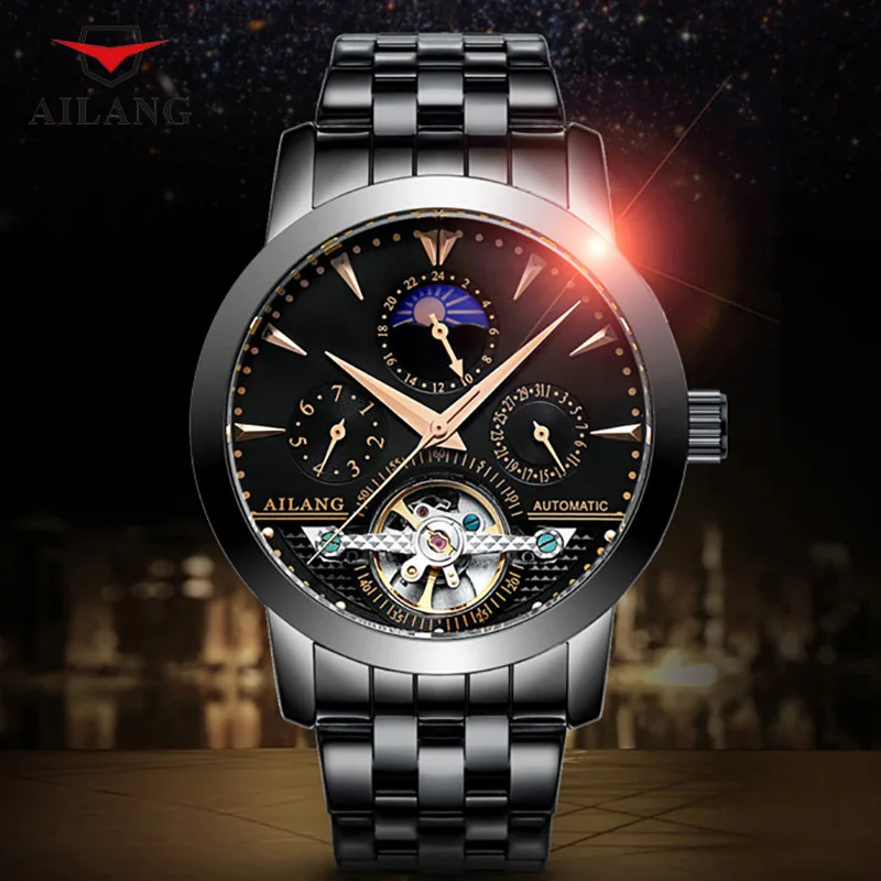 Классические мужские часы Tourbillon полностью Стальные наручные с автоподзаводом