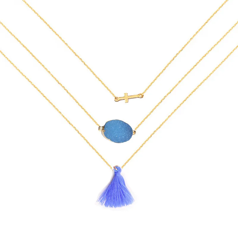 SOHOT Новая мода кисточкой Имитация Druzy камень кулон многослойное ожерелье золотой