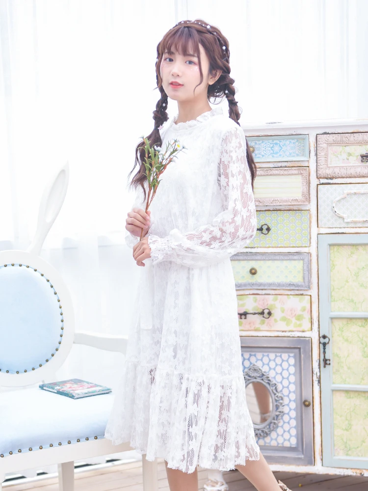 

Fairy Lace Long Sleeve Dress Sweet Temperament 2019 Spring New Tens Girls Fashion Mori Girl College Elegant Sweet Dress