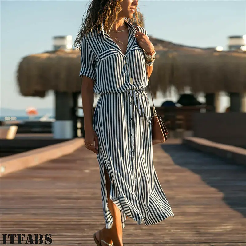 Женское платье в полоску Boho повседневное длинное пляжное Корейском стиле с