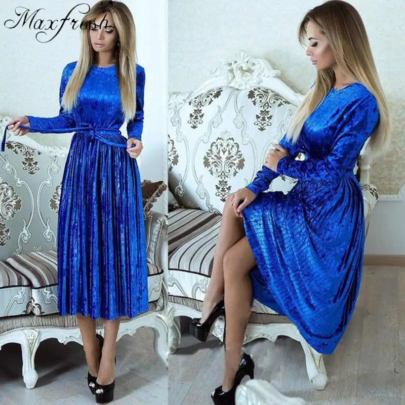 Maxfresh 2018 осень зима бархат плиссированные платья Для женщин Slim Fit ПР элегантное