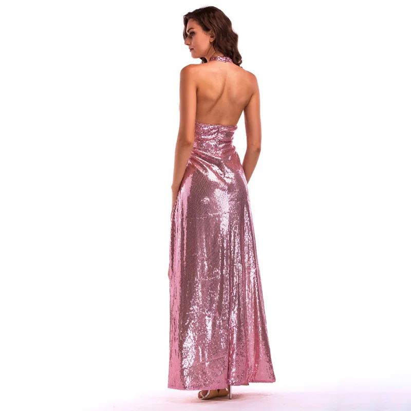 

D138 floor length double split back open cross front sexy halter sequined dress