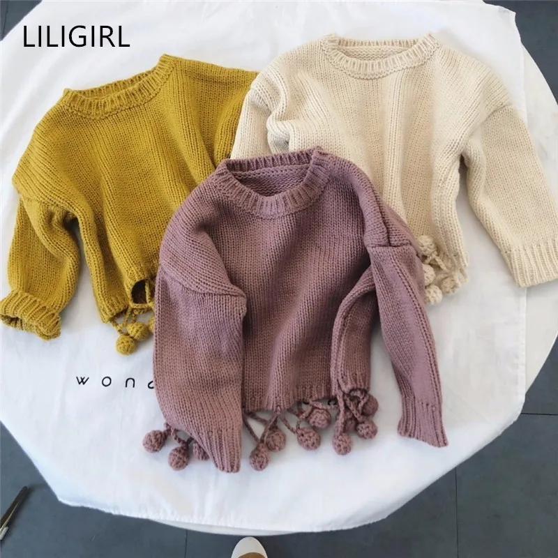 LILIGIRL/свитера для маленьких девочек Детская осенняя одежда с помпоном и