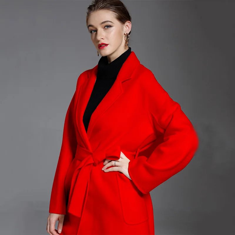 

Autumn and winter new stylish trench Korean solid color hand-sewn long woolen overcoat double-sided wool windbreaker for women