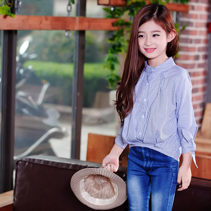 Школьные блузки для девочек Весенняя хлопковая блузка детская белая в полоску с