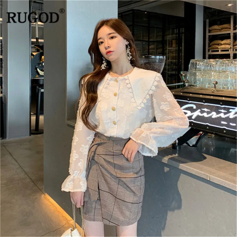 Женские кружевные блузки RUGOD корейские с расклешенным рукавом и отложным