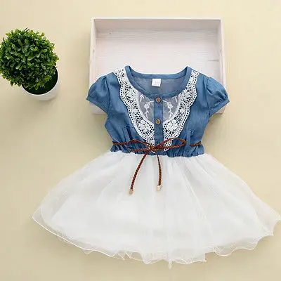 2015 Princess Girls Baby Kids Party Lace Dress With Leather Belt Denim Tops Tulle Gown Dresses 1-6Y |