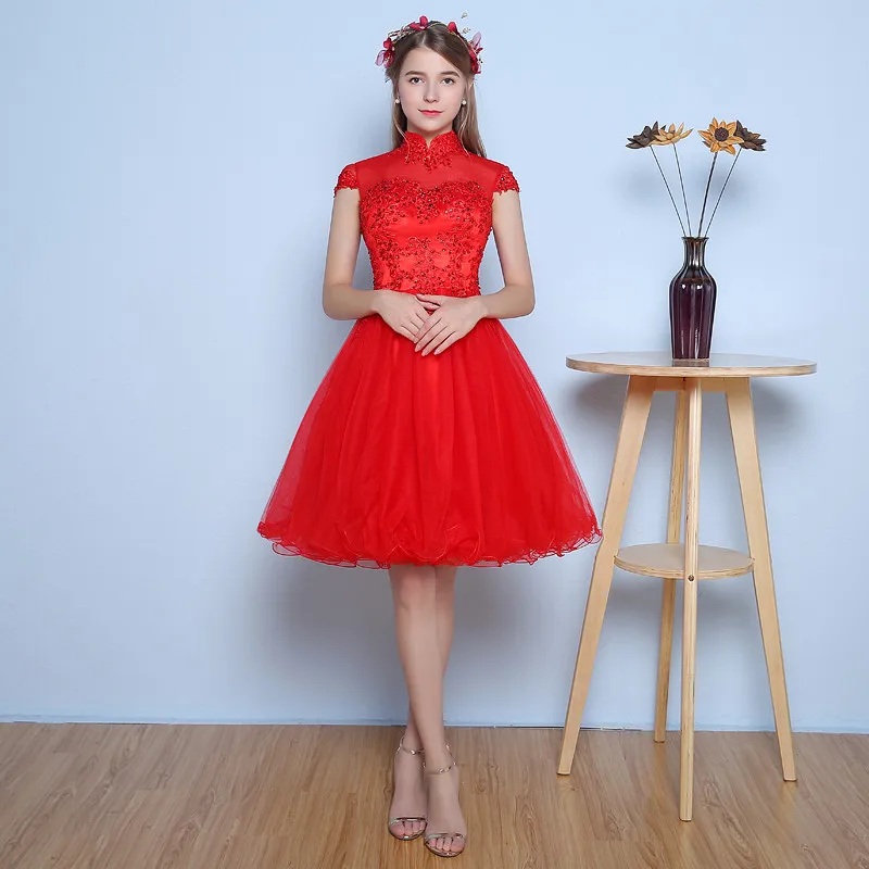 Выпускное платье Vestidos De Renda 2020 с высоким воротом Красные Короткие Выпускные
