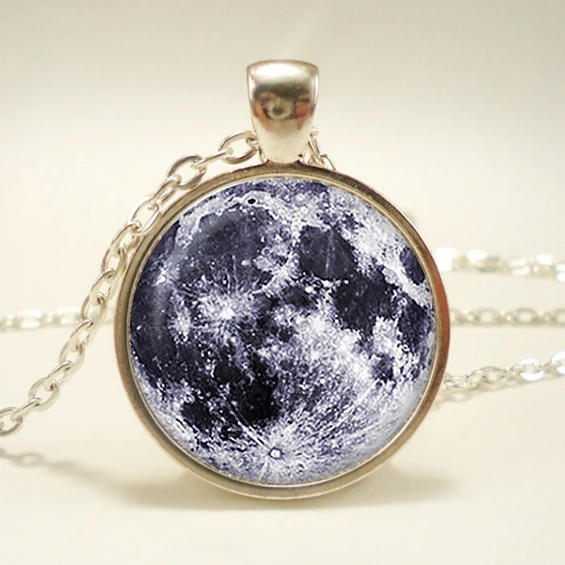 Moon Glass pendant. Planet necklace. Space universe jewelry birthday gift sliver plated christmas glass cabochon pendant | Украшения и