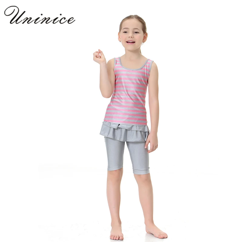 Мусульманские Купальники для детей Полосатая майка одноцветная юбка Капри