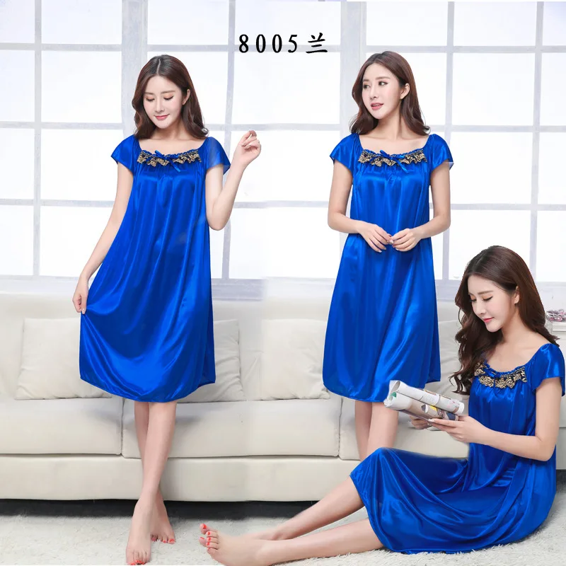 nightdress blue Летняя шелковая ночная рубашка женская пижама Женская атласная ночная рубашка размера плюс Ночная рубашка Дамская домашняя одежда для сна L XL XXL XXXL 4XL - Цвет: nightdress blue