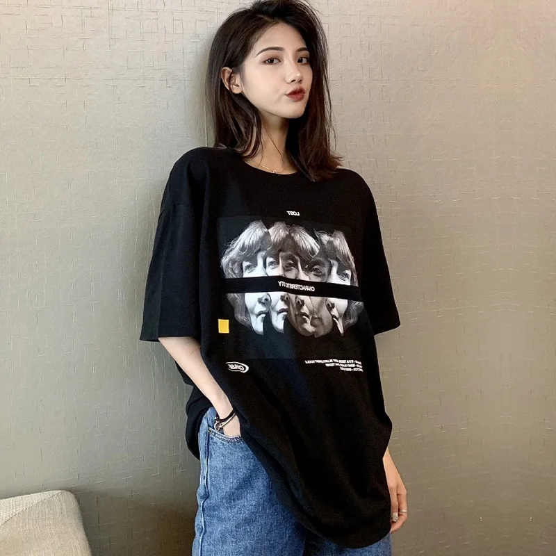 Женская одежда летняя футболка с коротким рукавом в стиле Харадзюку черная