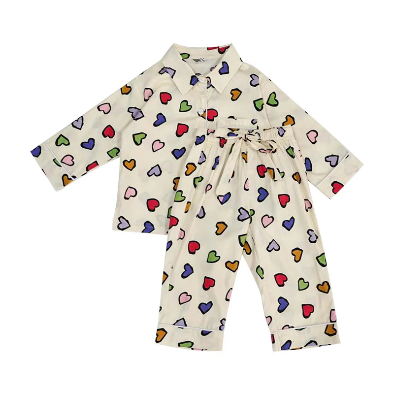 Детские хлопковые цветные с принтом сердце рубашка длинным рукавом + Штаны