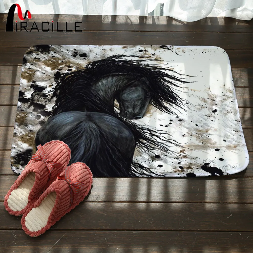 Прямоугольный ковер Miracille с принтом лошади из вельвета коралла, антистатический ковер для коридора, коврик для ванной комнаты с антиприскользящим покрытием, ковры для улицы с изображением животных и коврики для входных дверей.