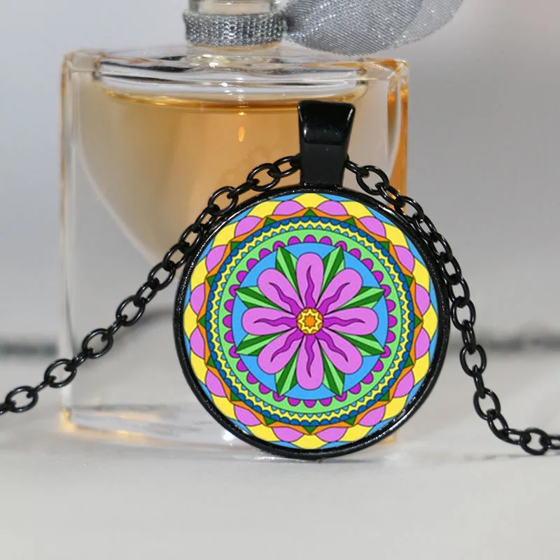 fashion mandala necklaces &amp pendant colorful henna yoga necklace dome glass cabochon jewelry om symbol buddhism zen | Украшения и