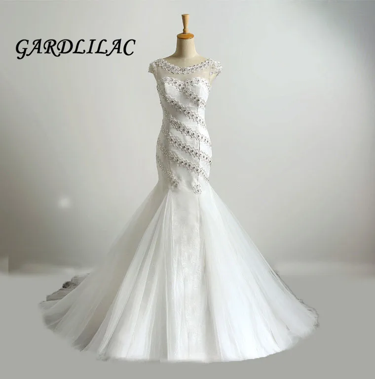 

2019 White Mermaid Lace Wedding dress Scoop Beaded Cap Sleeve Wedding Dresses Backless Robe de marie Vestidos de Noiva