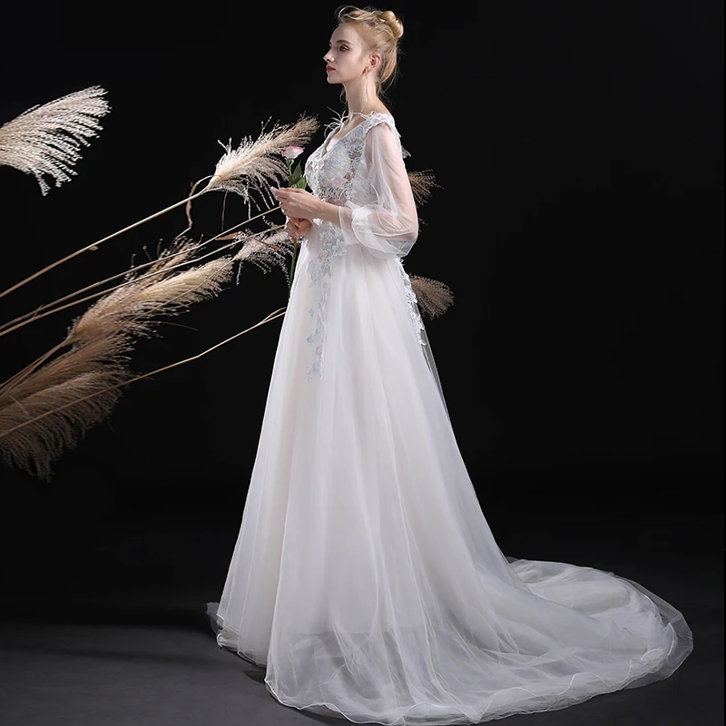 He's Bride White Elegant Evening Dresses V-neck Court Train Floor-Length Appliques Lace Illusion Prom Party Gown Robe De Soiree | Свадьбы