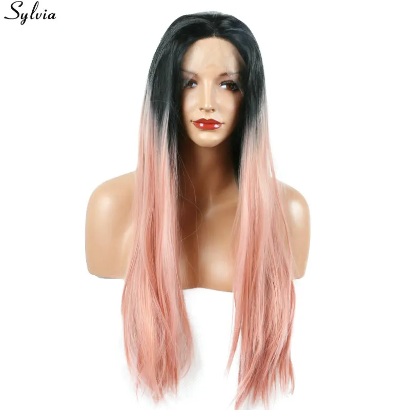 Sylvia 1B черный корень Ombre пастельный розовый длинные шелковистые прямые кружевные