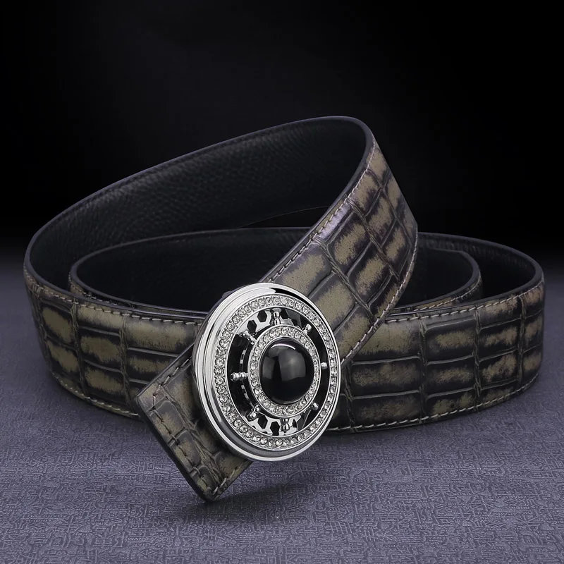 High quality designer belt men genuine leather luxury famous rotate round buckle Crocodile pattern Waist Strap Casual Waistband - Цвет: Gray Silver-buckle