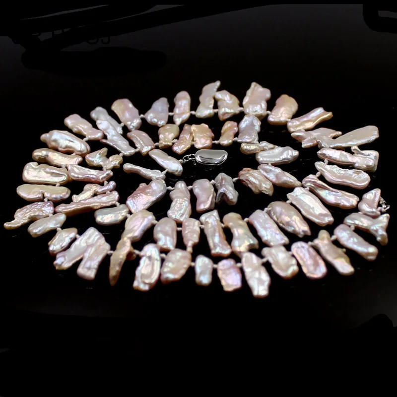 

Free Shipping 9x18mm White Pink Purple Biwa Cultured Pearl Top Drilled Knot Bar Clasp Matinee Necklace 19"