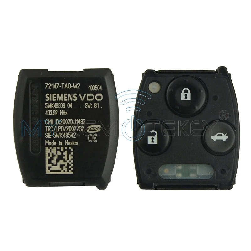 Remtekey 2 шт. VDO 72147-TAO-W2 для Honda Accord 433 МГц HON66 3 кнопки дистанционный ключ 2008 2009 2010 2011