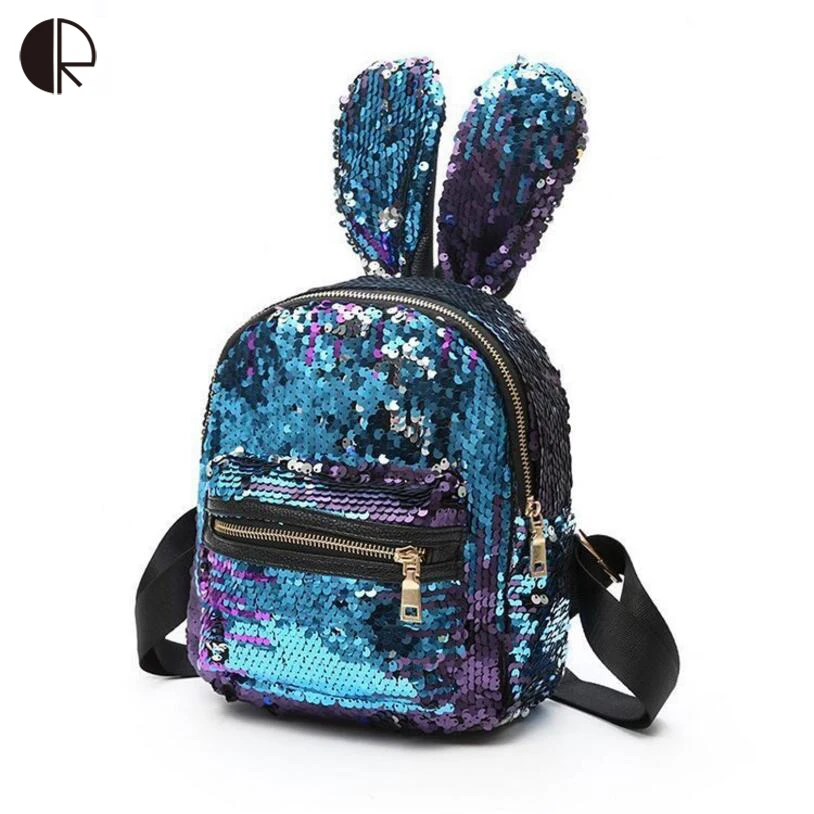 

2018 Women's Bling Sequins Backpack Cute Animnal Rabbit Ears Shoulder Bag Women Mini Backpacks Girls Travel Bag Rucksack